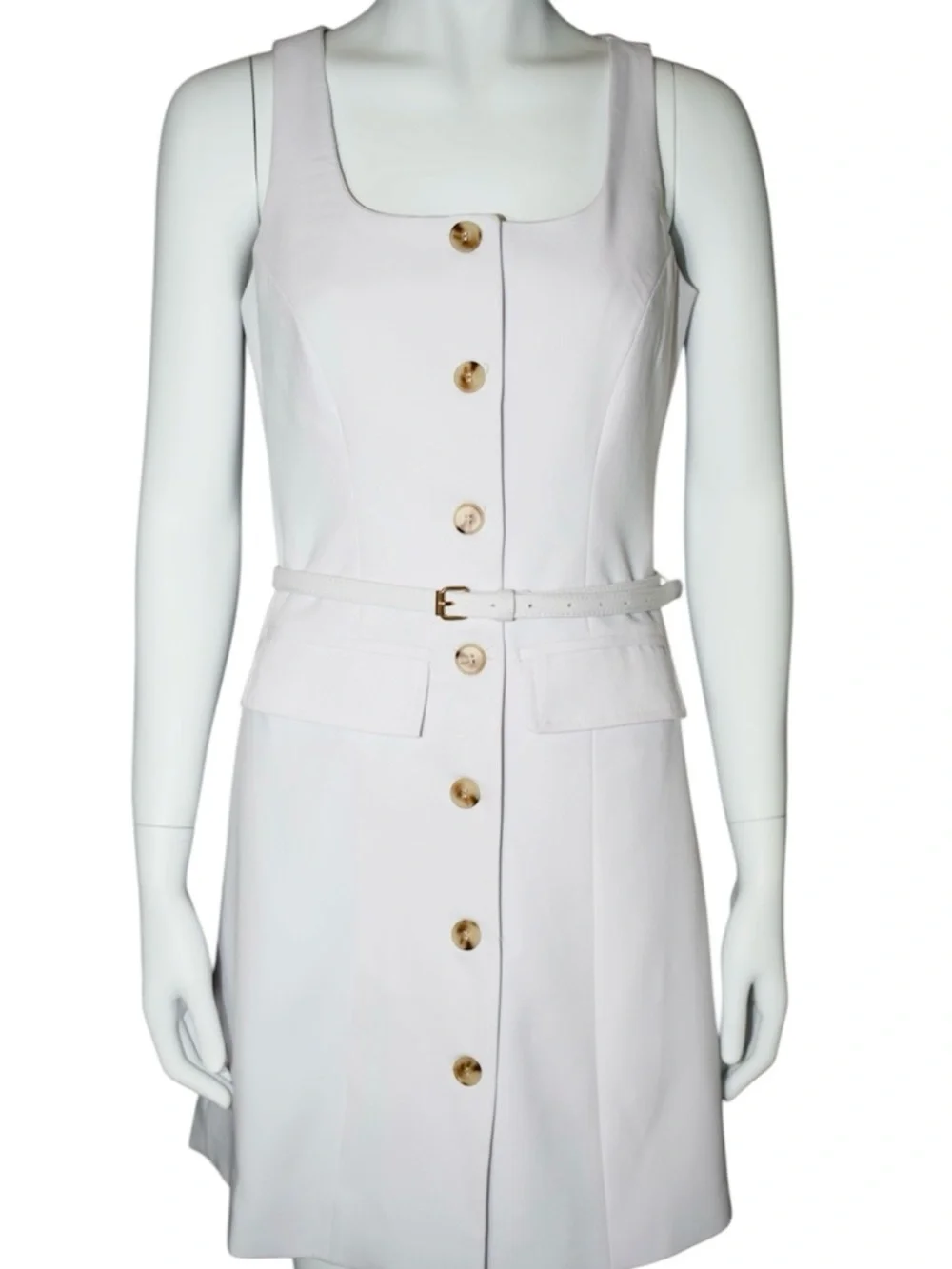 Saks Fifth Avenue Sleeveless Button-Front Off White Dress with Belt Size X-Small - Picture 4 of 14